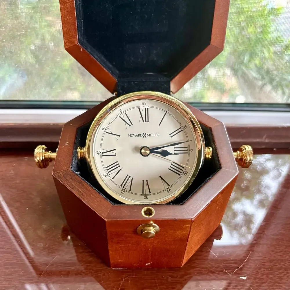 Vintage Howard Miller Hinged Wood Desk Clock Rotating Brass Roman Numeral